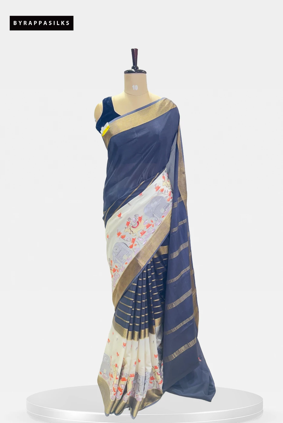 Pure Mysore Silk Saree Navy Blue & Off-White QS284400