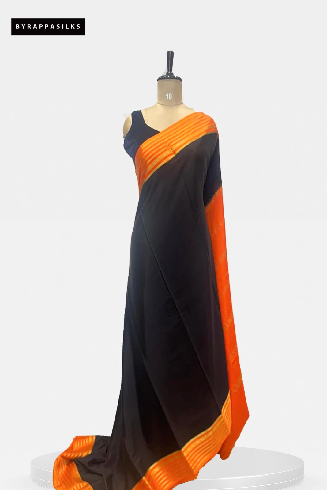 Pure Mysore Silk Saree with Black & Contrast Orange Zari Border QS255182