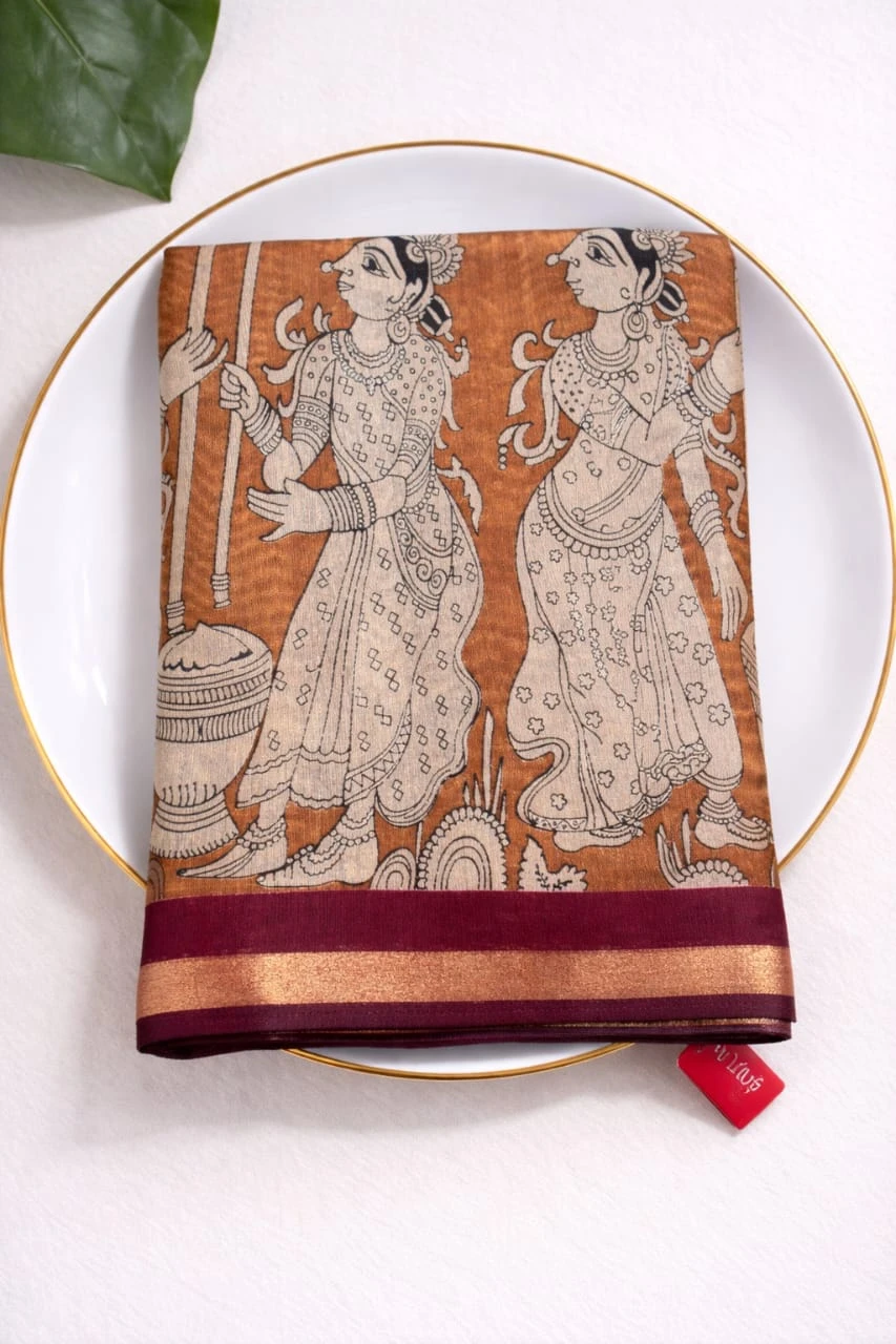 Kalamkari Orange Saree with Traditional Mythological Motifs QS249284