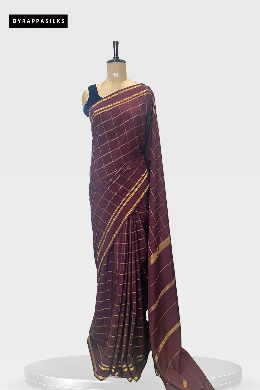Brown Pure Mysore Silk Saree with Golden Checks and Border QS282740