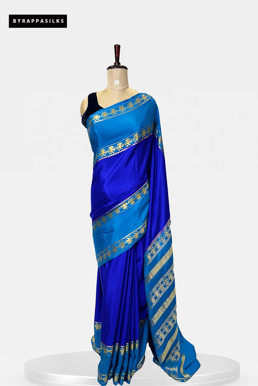 Pure Mysore Silk Gandaberunda Buttas Royal Blue With Sky Blue Saree QS273133