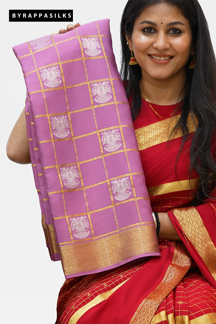 Pure Mysore Silk with Gandaberunda Design - Pink Colour