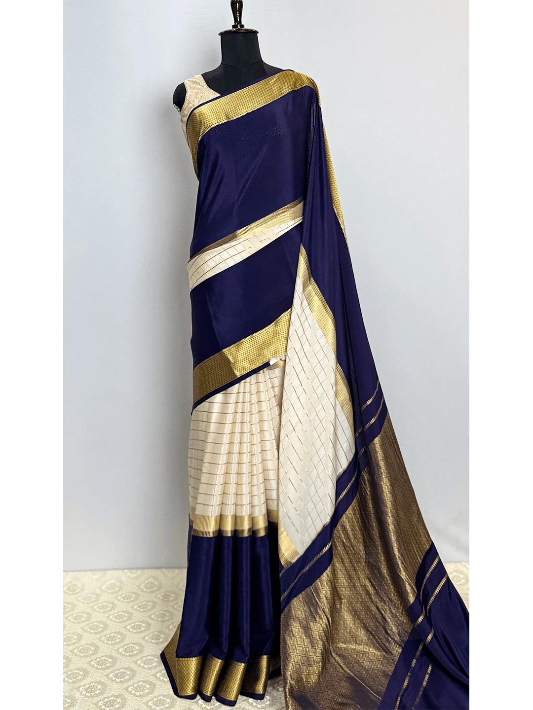 Pure Mysore Silk Saree - Cream With Dark Blue Border Colour - QS219509