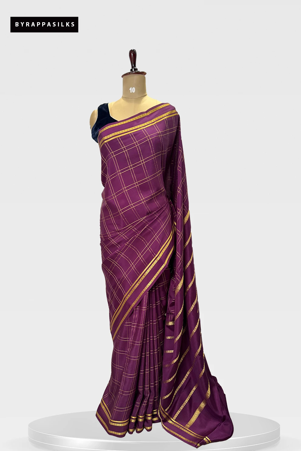 Pure Mysore Silk Saree Regal Purple with Golden Checks and Border QS275352