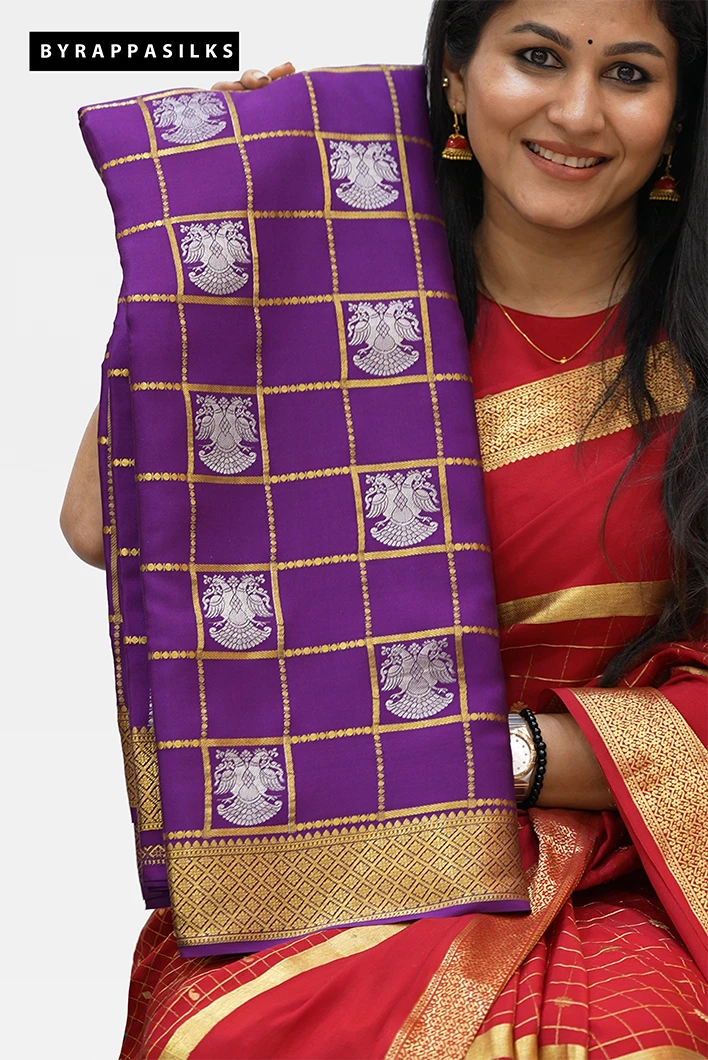 Pure Mysore Silk with Gandaberunda Design - Purple Colour