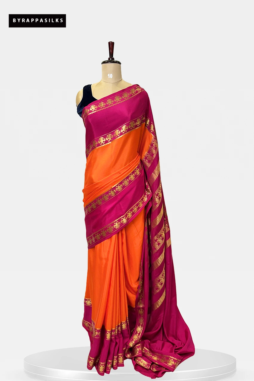 Pure Mysore Silk Gandaberunda Buttas Orange With Pink Saree QS273138