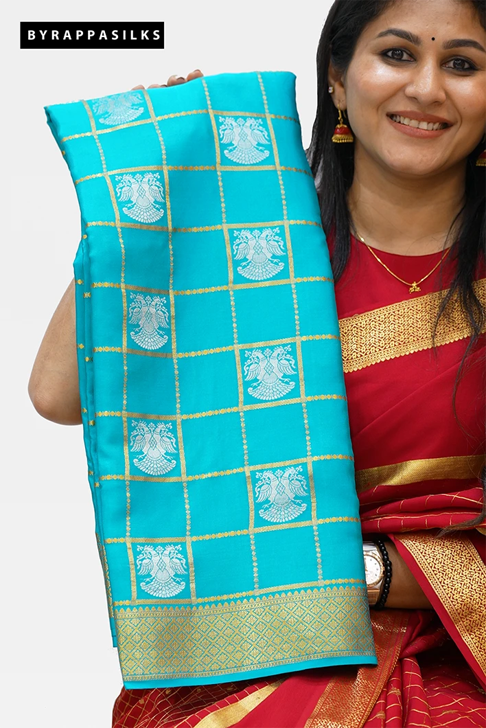 Pure Mysore Silk with Gandaberunda Design - Sky Blue