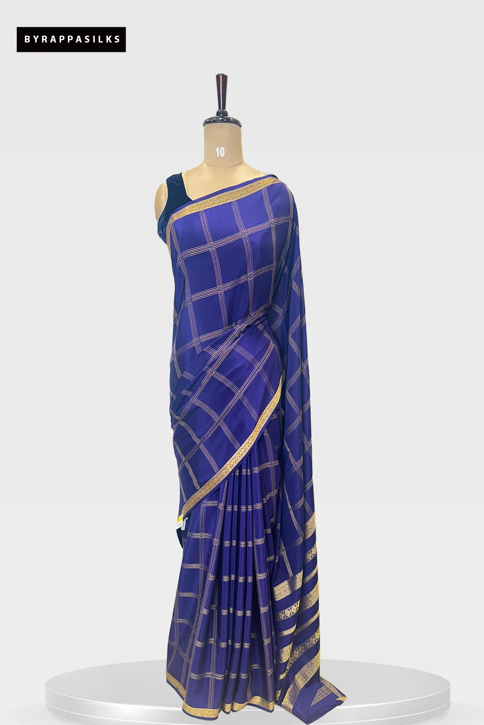 Navy Blue Pure Mysore Silk Saree with Golden Checks and Border QS28743