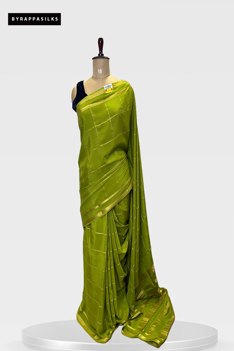 Pure Mysore Silk Saree Parrot Green with Golden Checks and Border QS275354