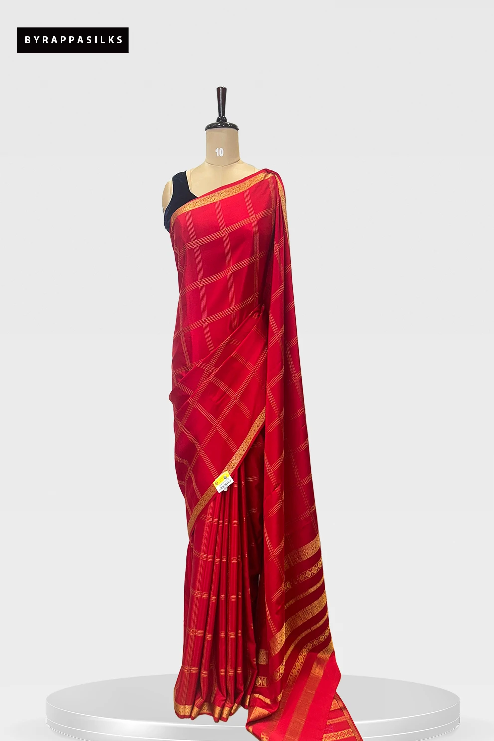 Red Pure Mysore Silk Saree with Golden Checks and Border QS282744