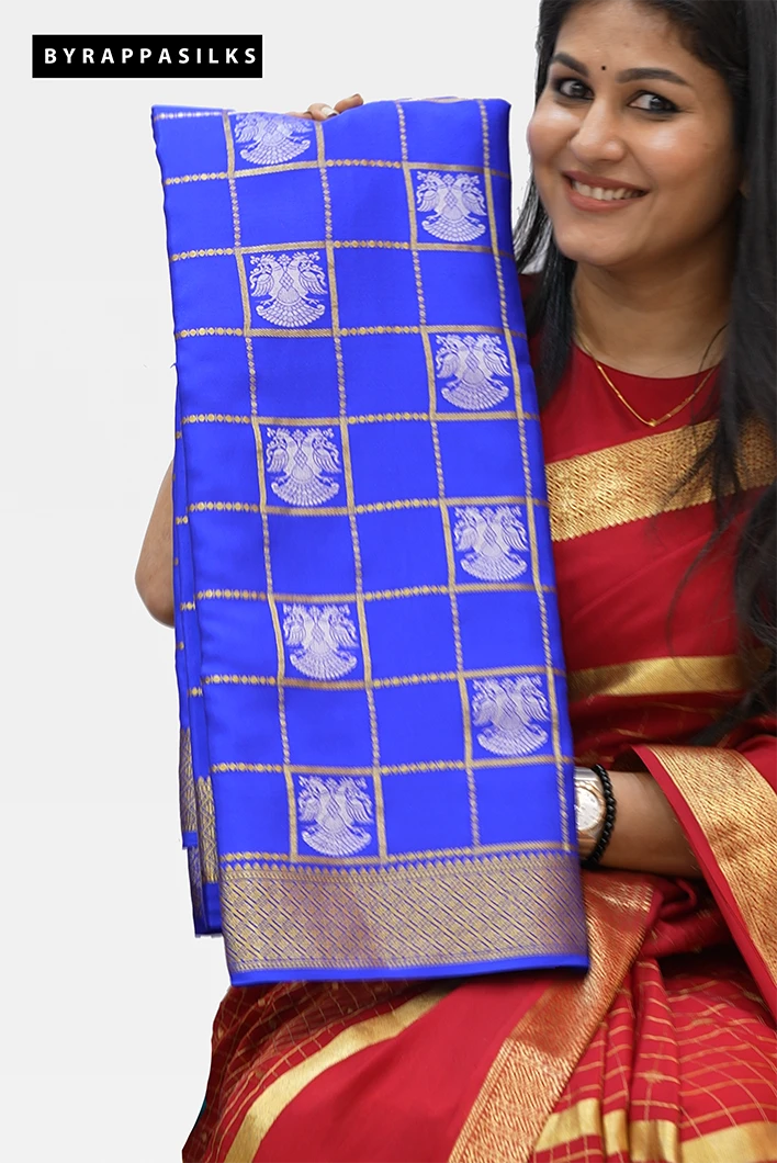 Pure Mysore Silk with Gandaberunda Design - Navy Blue