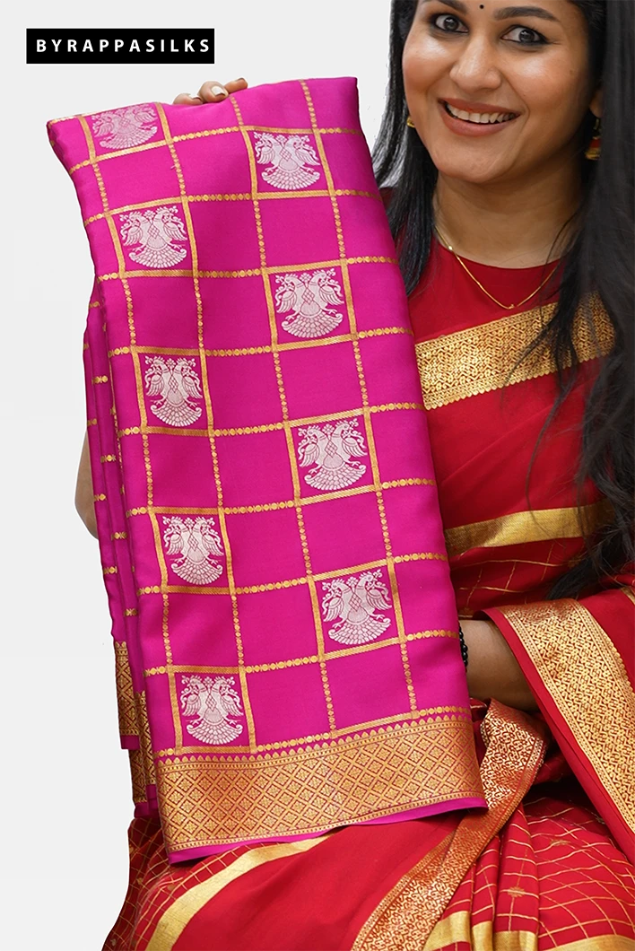 Pure Mysore Silk with Gandaberunda Design - Pink colour