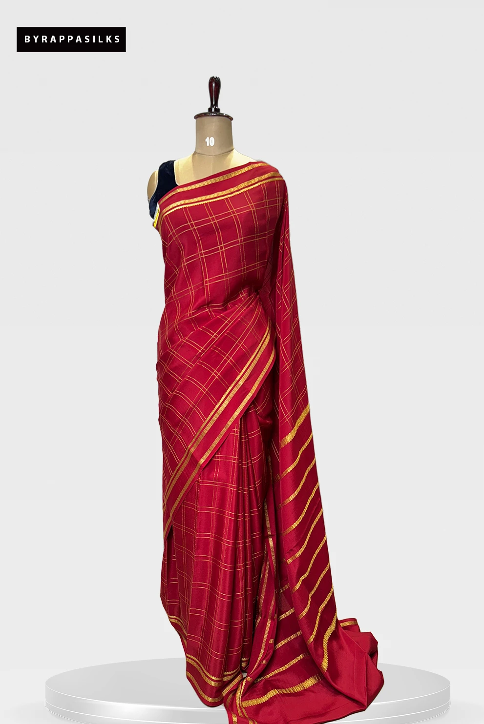 Pure Mysore Silk Saree Vibrant Red with Golden Checks and Border QS275349