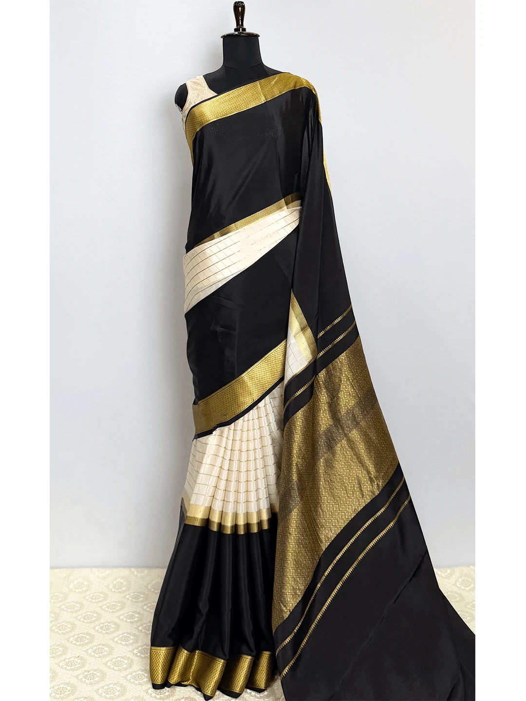 Pure Mysore Silk Saree - Cream With Black Border Colour - QS2195007