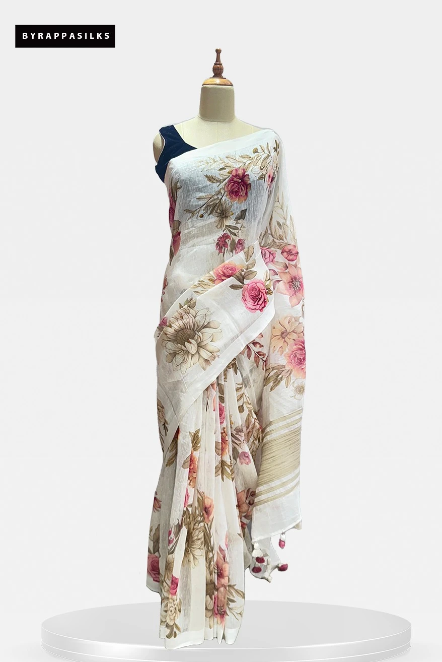 White Saree with Pink Rose Print QS281718