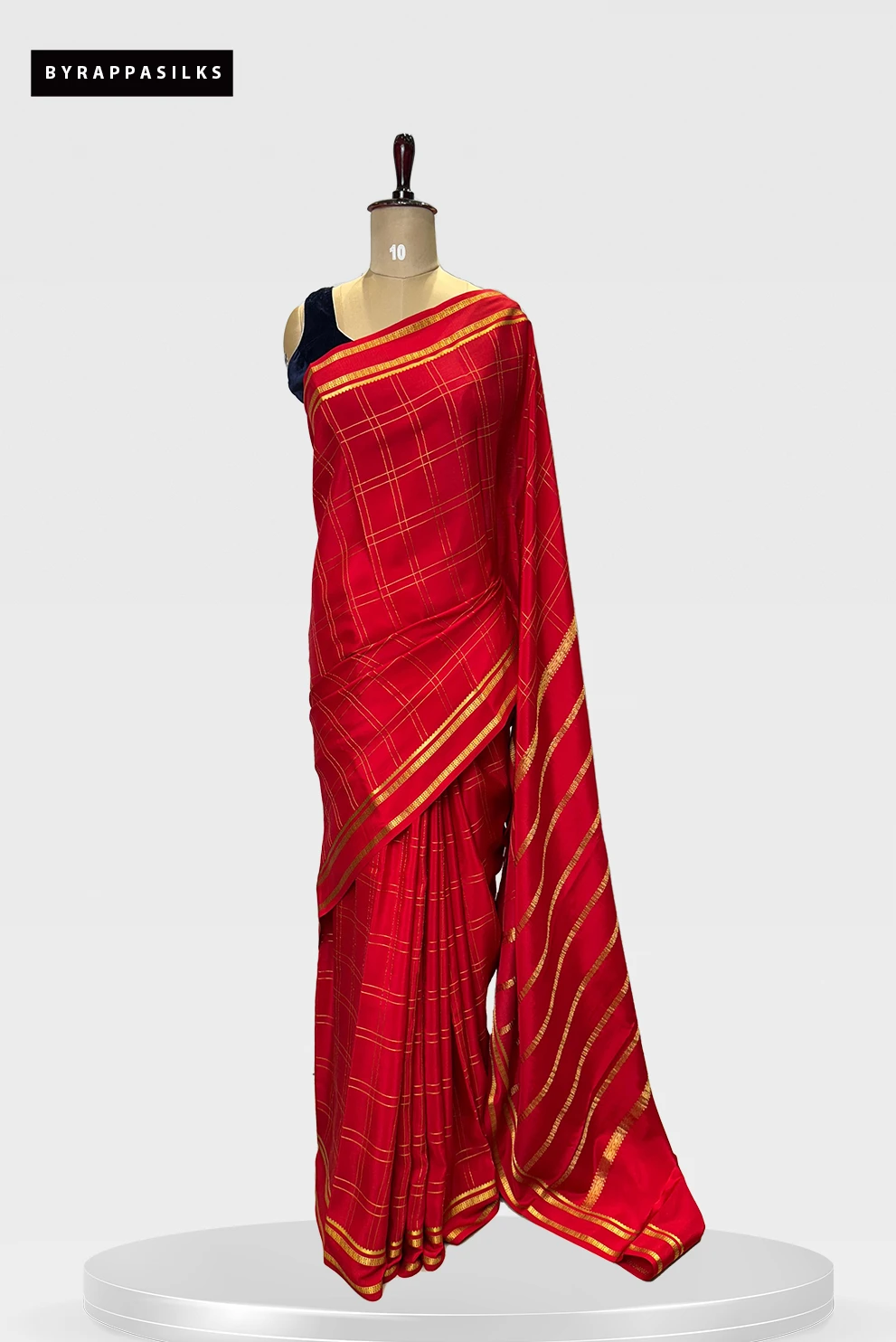 Pure Mysore Silk Saree Red with Golden Checks and Border QS275349